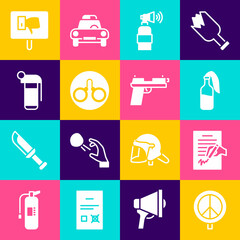 Canvas Print - Set Peace, Petition, Cocktail molotov, Air horn, Handcuffs, grenade, Protest and Pistol gun icon. Vector