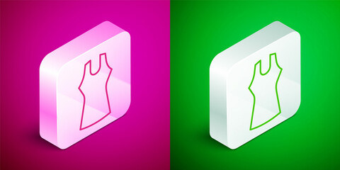 Sticker - Isometric line Woman dress icon isolated on pink and green background. Clothes sign. Silver square button. Vector