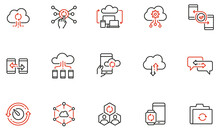 Vector Set Of Linear Icons Related To Network Cloud Service, Cloud Storage, Data Transfer And Synchronization. Mono Line Pictograms And Infographics Design Elements