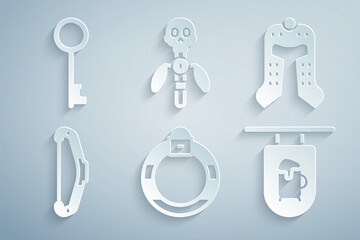 Sticker - Set Magic stone ring, Medieval helmet, bow, Street signboard with Bar, staff and Old key icon. Vector