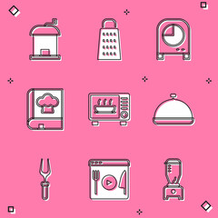 Sticker - Set Manual coffee grinder, Grater, Kitchen timer, Cookbook, Microwave oven, Covered with tray food, Barbecue fork and Cooking live streaming icon. Vector