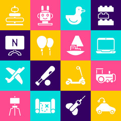 Wall Mural - Set Radio controlled car toy, Toy train, Laptop, Rubber duck, Balloons, Smart Tv, Pyramid and boat icon. Vector