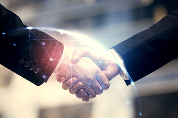 Poster - Double exposure of social network theme hologram and handshake of two men.
