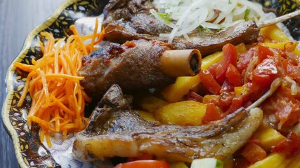 Poster - bone-in beef meat with vegetables on a plate