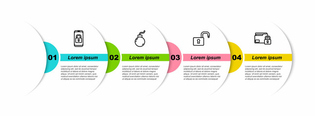 Poster - set line mobile with closed padlock, bomb ready to explode, open and folder and. business infographi