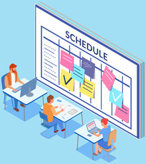 Poster - Project planning, deadline and time management concept. Business team with computers makes office timetable. People analyzing plan, schedule. Employees work with schedule planning using technology