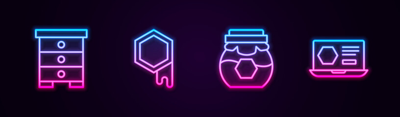 Sticker - Set line Hive for bees, Honeycomb, Jar of honey and online service. Glowing neon icon. Vector