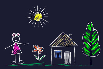 House, Sun, girl, tree, flower - doodle drawings are drawn by child's hand in chalk on the asphalt or on the school blackboard. White lines and color coloring on black blue background