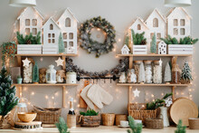 Decoration Of Shelves And Walls In Kitchen For New Year. Christmas Decor.