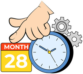 Poster - Time management concept planning, organization, working time. Flat vector illustration with clock and human hand pointing to calendar page with number 28. Deadline business schedule optimization