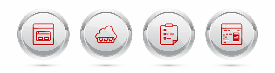 Set line Search engine, Web development, Clipboard with checklist and Software. Silver circle button. Vector
