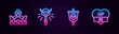 Set line King crown, Magic staff, Pirate flag and Video game bar. Glowing neon icon. Vector