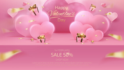 Wall Mural - valentine's day background and sale banner template with realistic 3d pink shelf and gift box elemen