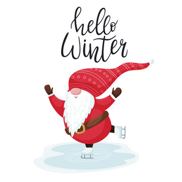 A postcard with a cute Christmas gnome in a red hat skating on an ice rink. Hand lettering phrase - Hello winter. A simple cartoon color vector illustration isolated on a white background.