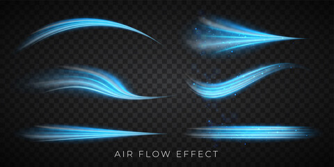 blue air flow wave effect set. design element for visualizing air or water flow. isolated on transpa