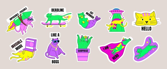 Cat stickers. Abstract fantasy comic kitten badges with saturated colors. Pets and lettering. Funny kitty on skate. Animal with space rocket or UFO. Vector 90s disco isolated labels set