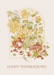 Wall Mural - Happy Thanksgiving. Harvest. Dutch. Autumn botanical illustration. Yellow, Green, Red