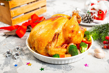 Wall Mural - christmas chicken. baked chicken. chicken with spice on white plate