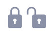 Lock and unlock icons, open and closed gray padlock security symbol with keyholes