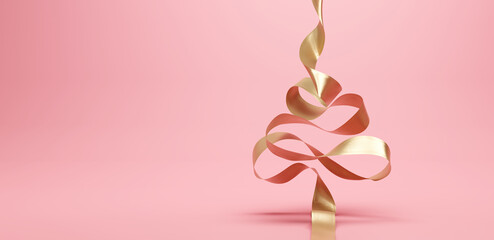 creative idea concept. gold christmas tree ribbon on pink background. 3d rendering