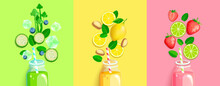 Drinks With Fresh Fruits,vegetables,berries.Smoothie With Celery,cucumber,mint, Lemon And Honey,ginger, Strawberry,lime.Healthy Detox. Set Cold Juices For Hot Season.Bright Template For Design. Vector