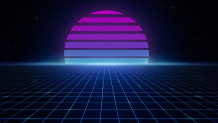 Poster - Retro-futuristic 1980s style background, emulating sci-fi movies from the 80's. Colorful striped sun or planet, starry night sky and blue grid with diminishing perspective. Copy space. 4k resolution.