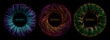 Set of colorful digital abstract eye iris with glowing waved lines and sparks on black background. Beautiful glowing futuristic circle banners. Vector illustration with place for your content