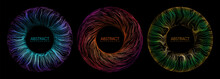 Set Of Colorful Digital Abstract Eye Iris With Glowing Waved Lines And Sparks On Black Background. Beautiful Glowing Futuristic Circle Banners. Vector Illustration With Place For Your Content