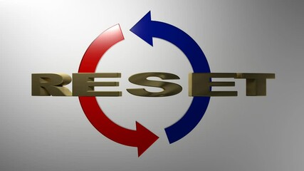 Poster - The write RESET in brass letters, over rotating blue and red glossy arrows, on white background - 3D rendering illustration