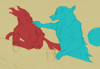 Sketch illustration of two anthropomorphic fantasy creatures talking and drinking into a bar. On has the hand on the shoulder of the other.