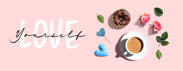 Wall Mural - Love Yourself message with a cup of coffee and a donut - flat lay