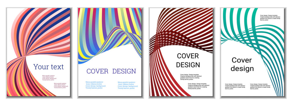 A set of 4 abstract covers. Wavy parallel gradient lines, ribbons evolve. Cover design, background. Trendy banner, poster.