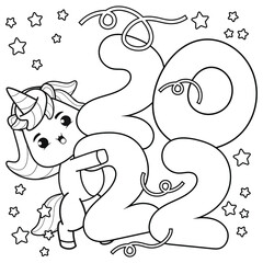  Happy new year coloring book with cute unicorn