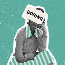 Contemporary Art Collage Of Woman In Retro Suit Sitting In Boredom Isolated Over Green Background. Text Element On Face