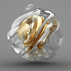 3d render of abstract art with surreal 3d organic alien ball bubble or sphere in curve wavy smooth and soft biological organic lines forms in glossy glass and gold core inside on grey background