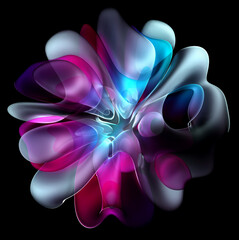 Wall Mural - 3d render of abstract art with surreal alien flower in curve wavy elegance organic biological lines forms in transparent plastic material in purple pink and blue gradient color with grey parts