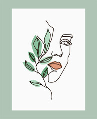 Poster - Abstract woman poster. Girl with different plant, line drawing. Line face illustration, woman with flower on had. Vector illustration concept.