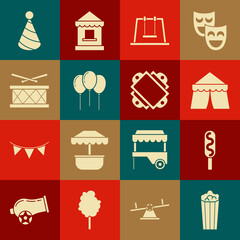 Wall Mural - Set Popcorn in cardboard box, Corn dog, Circus tent, Swing, Balloons with ribbon, Drum drum sticks, Party hat and Ticket icon. Vector