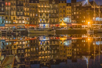 Wall Mural - Night Boats Waterfront Reflection Inner Harbor Honfluer France