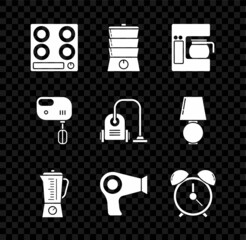 Wall Mural - Set Gas stove, Double boiler, Coffee machine with glass pot, Blender, Hair dryer, Alarm clock, Electric mixer and Vacuum cleaner icon. Vector