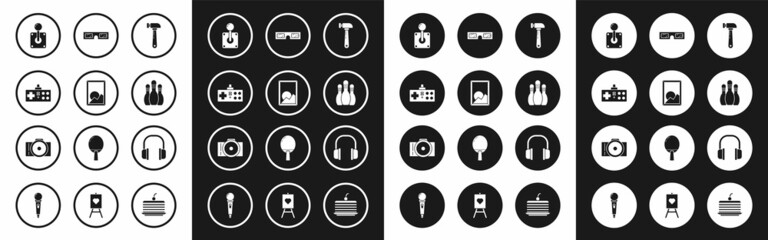 Poster - Set Hammer, Picture landscape, Gamepad, Joystick for arcade machine, Bowling pin, 3D cinema glasses, Headphones and Photo camera icon. Vector