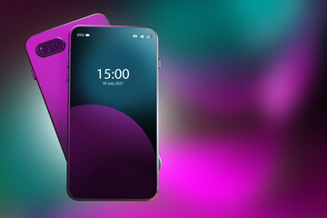 Poster - Two smartphones on dark and neon background. Smartphones with a dual camera. Photo and video shooting using a smartphone. Communication, receiving and transmitting information. 3d image