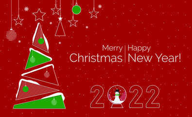 Christmas banner 2022. Red background Xmas design of sparkling lights garland. Horizontal poster, greeting cards, headers, website. Christmas tree. Christmas and New Year background. 