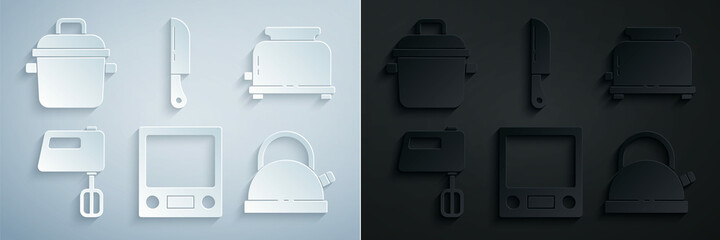 Sticker - Set Electronic scales, Toaster, Electric mixer, Kettle with handle, Knife and Cooking pot icon. Vector