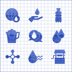 Canvas Print - Set Water drop, Recycle clean aqua, Well with bucket, tap, jug filter, Bottle of water and Earth planet in icon. Vector