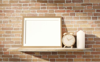 Wall Mural - Empty horizontal frame on brick wall background. Shelf with a clock and new candle. 3D rendering.