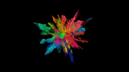 Color Burst - Colorful smoke powder explosion. Coloured fluid ink particles in slow motion. Isolated on black background. Alpha matte 4k.