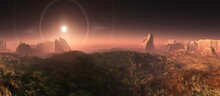Magnificent Landscape Of Mars At Sunset, Panorama Of The Surface Of An Alien Planet At Sunset, 3D Rendering
