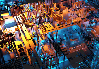 Poster - Microelectronics background. Abstract technological background. Colorful capacitors of computer boards. Volumetric lines form computer background. Texture pattern blue-yellow. 3d rendering.