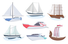Collection Of Ships. Sea Sailboats Of Water Carriage And Maritime Transport In Modern Flat Style. Fishing Ship And Water Speedboats Isolated Transport Icons